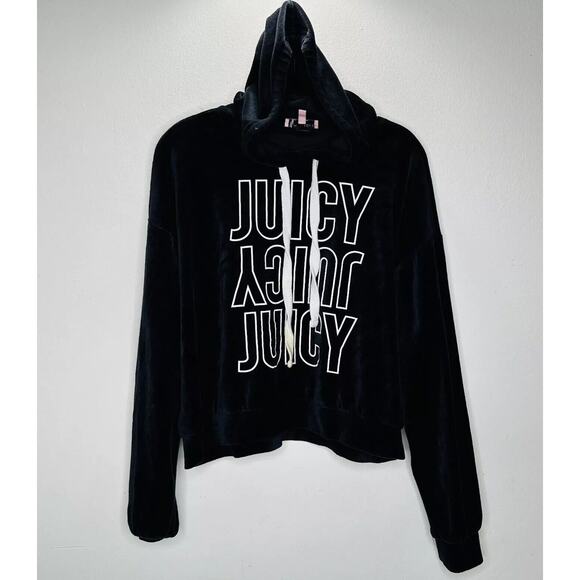 Juicy Couture Black Velour Long Sleeve Oversize Hoodie White Juicy Logo S - Picture 1 of 14